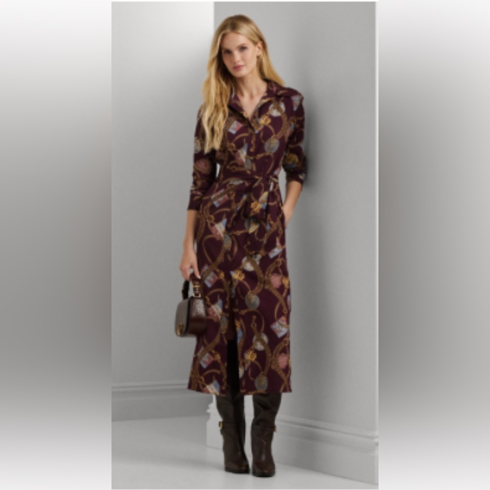 Polo by Ralph Lauren Burgundy and Gold Patterned Long Sleeve Dress